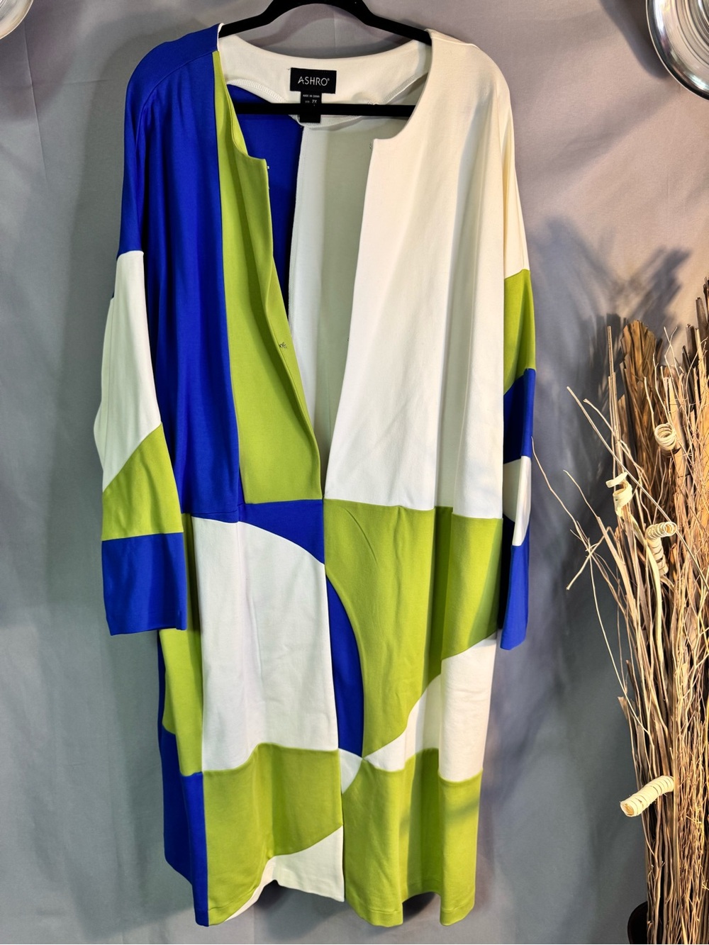 Ashro Colorblock Long Sleeve Open Front long Jacket - Blue, Green & White